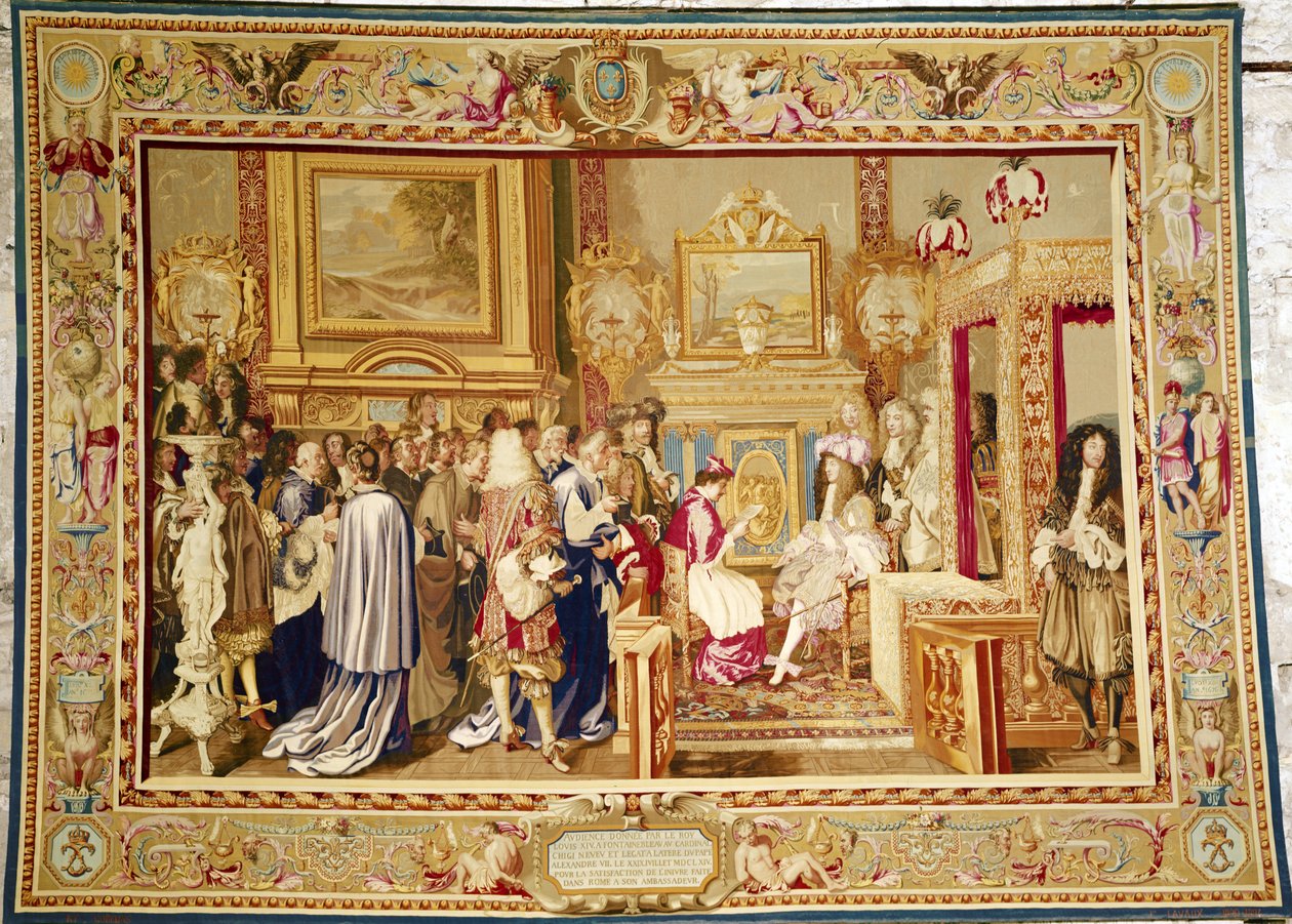 Audience kardinála Chigiho s Ludvíkem XIV. (1638-1715) ve Fontainebleau, 29. července 1664, továrna na gobeliny (tapisérie) od Charles Le Brun