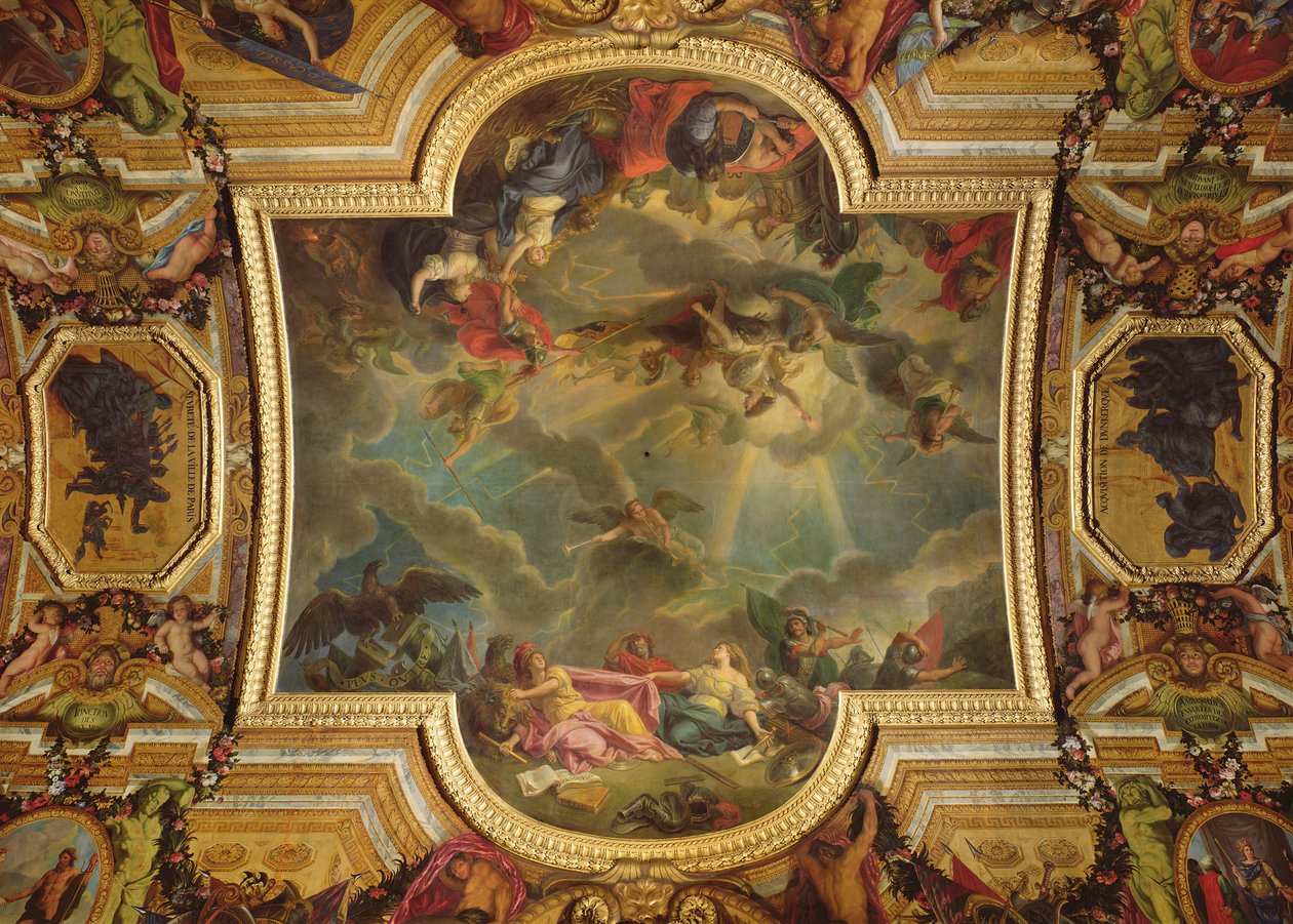 Dobytí města a citadely v Gentu za šest dní v roce 1678 a Strategie Španělska zničeného dobytím Gentu, nástropní malba z Galerie des Glaces (viz 165391 a 165392) od Charles Le Brun