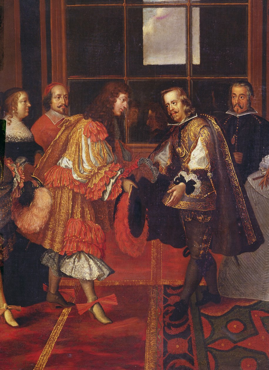 Setkání Ludvíka XIV. a Filipa IV. na Ile des Faisans 7. června 1660 detail Ludvíka XIV. 1638-1715, krále Francie a Navarry, jeho strýce Filipa IV. 1605-1665, španělského krále, v pozadí od Charles Le Brun