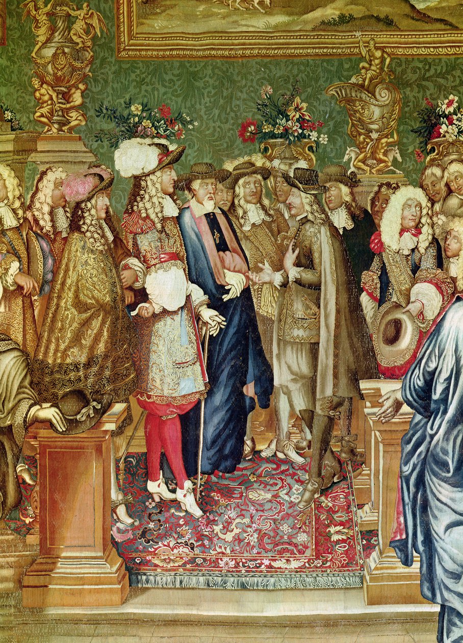 The Story of the King, audienci uděluje Ludvík XIV. hraběti z Fuentes, velvyslanci španělského krále Filipa IV. v Louvru, 24. března 1662 detail Ludvíka XIV. a velvyslance, tkaný od Charles Le Brun