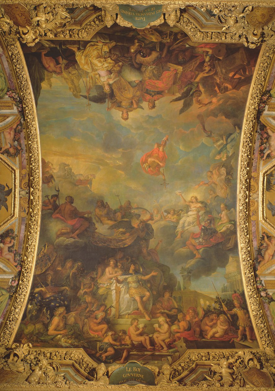 Pohled na krále Ludvíka XIV. (1638-1715) vládnoucího sám v roce 1661 a prosperující sousední mocnosti Francie, nástropní malba z Galerie des Glaces od Charles Le Brun