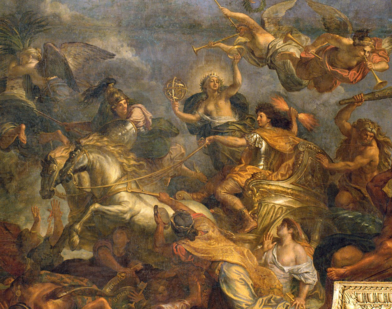 Pohled na krále dobývajícího Maastricht za třináct dní v roce 1673 a průjezd Rýnem za přítomnosti nepřátel v roce 1672, nástropní malba z Galerie des Glaces, 1678-86 detail 208101 od Charles Le Brun