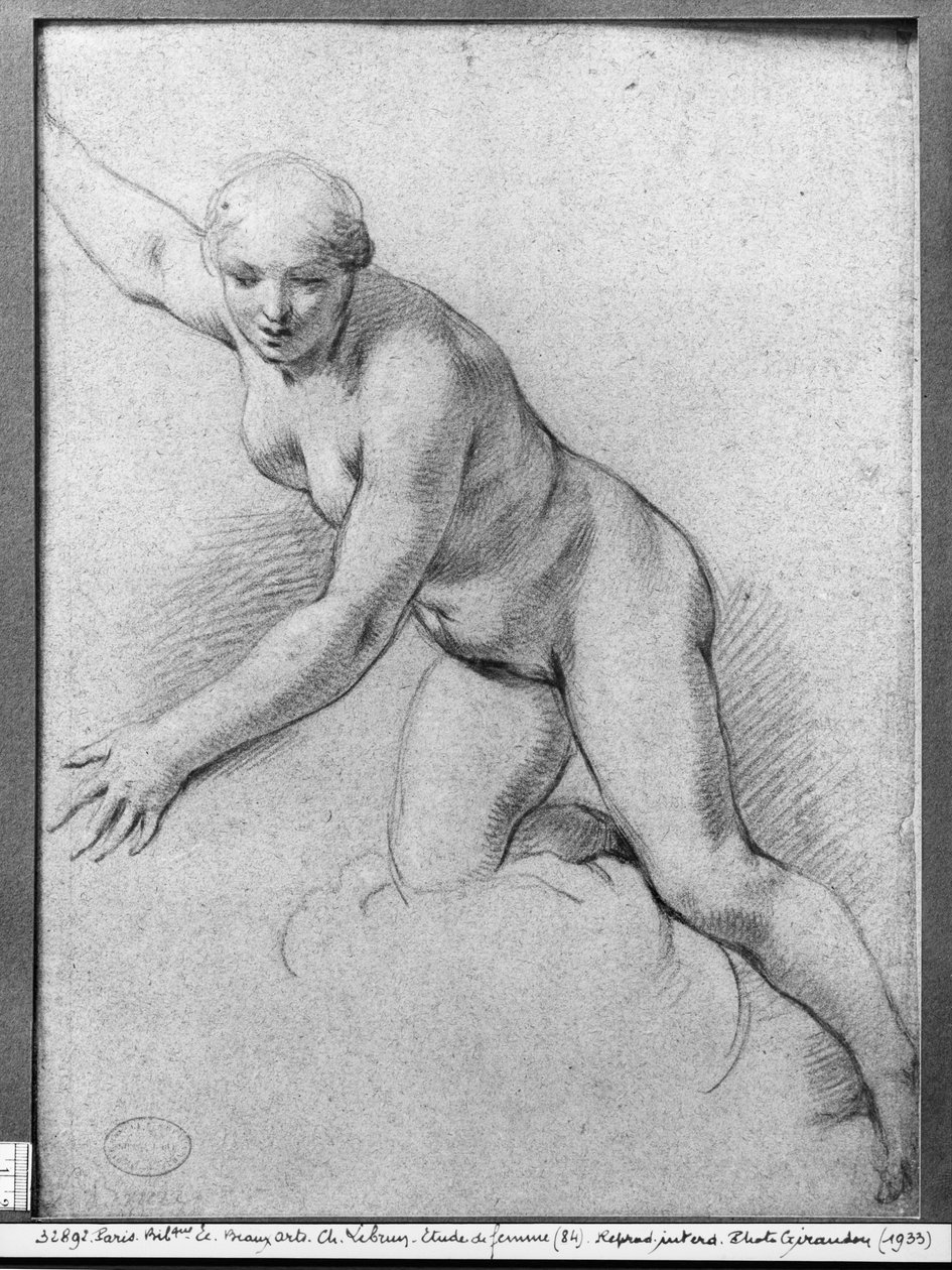 Žena klečící na oblaku (pierre noire na šedém papíře) od Charles Le Brun
