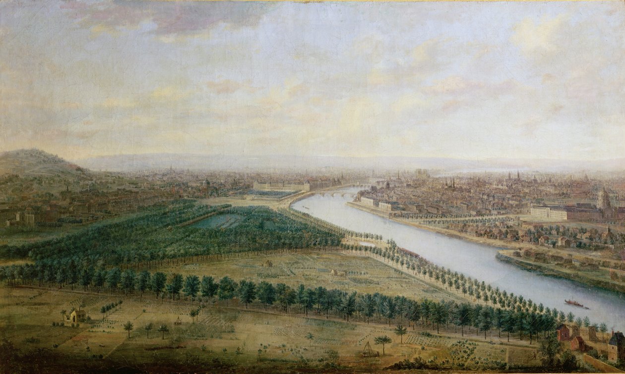 Paříž, pohled shora na Champs-Elysees, kolem roku 1740 od Charles Leopold Grevenbroeck