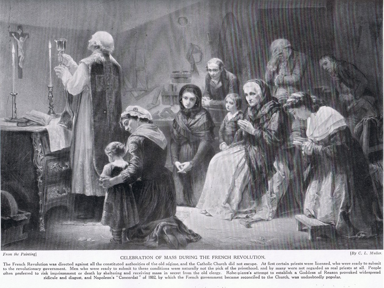 Oslava mše během francouzské revoluce, ilustrace z „Hutchinsonových dějin národů“, kolem roku 1915 od Charles Louis Lucien Muller