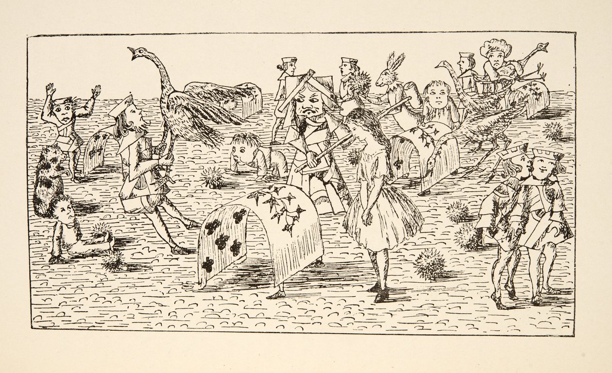 Alice a Červená královna hrají kroket, ilustrace z Alice