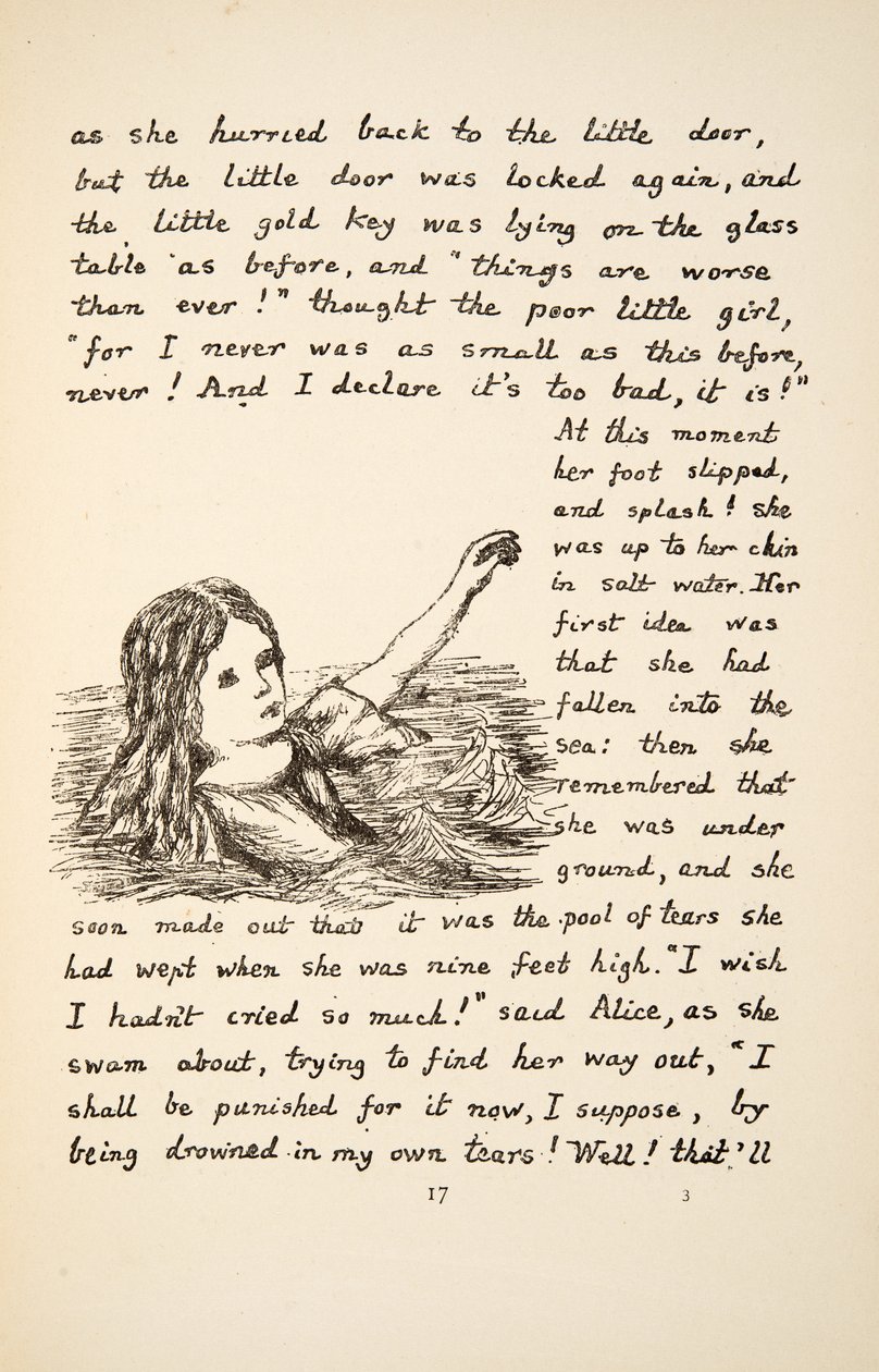 Alice spadne do Pool of Tears, ilustrace z Alices Adventures Under Ground, hospoda. 1886 (faksimile) od Charles Lutwidge Dodgson