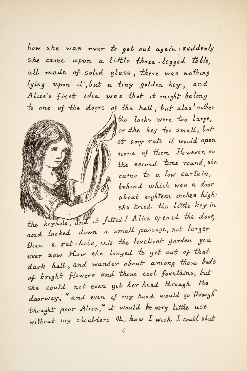 Alenka najde zlatý klíč, ilustrace z knihy Alenčina dobrodružství v podzemí, nakl. 1886 (faksimile) od Charles Lutwidge Dodgson