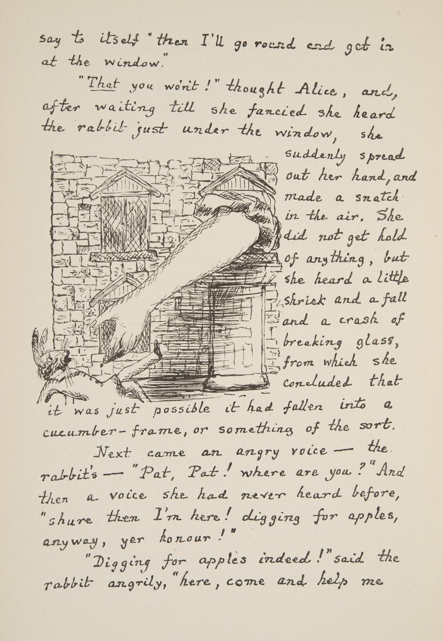 Alenka se snaží chytit bílého králíka, ilustrace z knihy Alenčina dobrodružství v podzemí, pub. 1886 (faksimile) od Charles Lutwidge Dodgson
