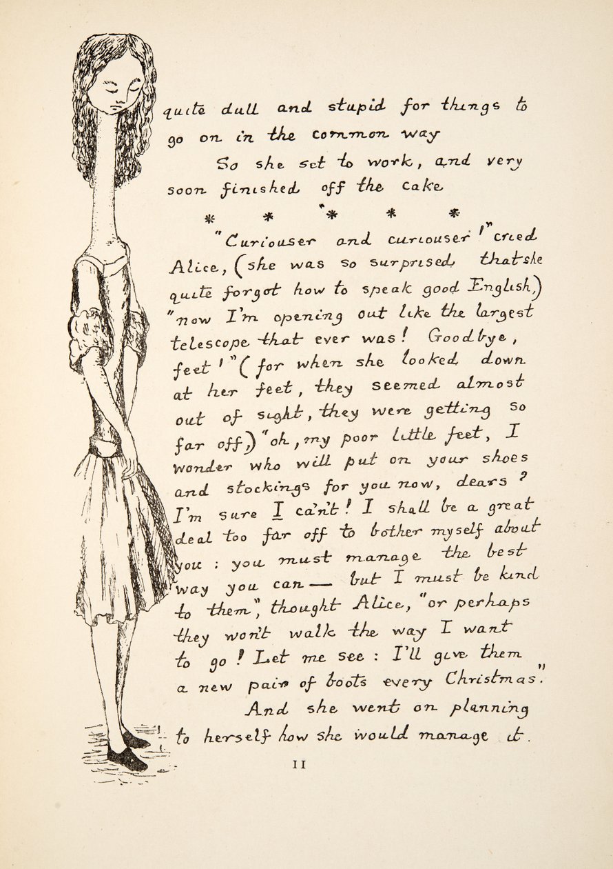 Curiouser and Curiouser, ilustrace z Alices Adventures Under Ground, hospoda. 1886 (faksimile) od Charles Lutwidge Dodgson