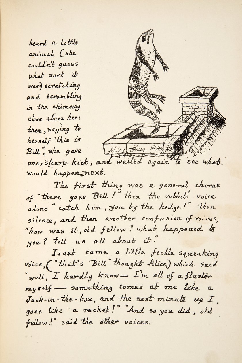 Tam jde Bill, ilustrace z Alices Adventures Under Ground, hospoda. 1886 (faksimile) od Charles Lutwidge Dodgson