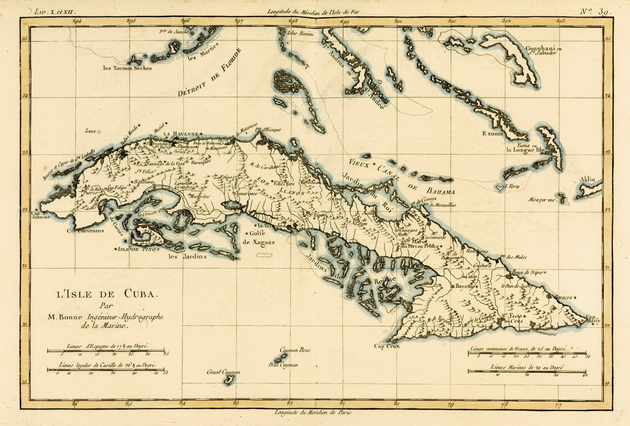 Kuba, z „Atlasu všech známých částí pozemského světa“ od Guillauma Raynala (1713–96), vydaného v roce 1780 od Charles Marie Rigobert Bonne