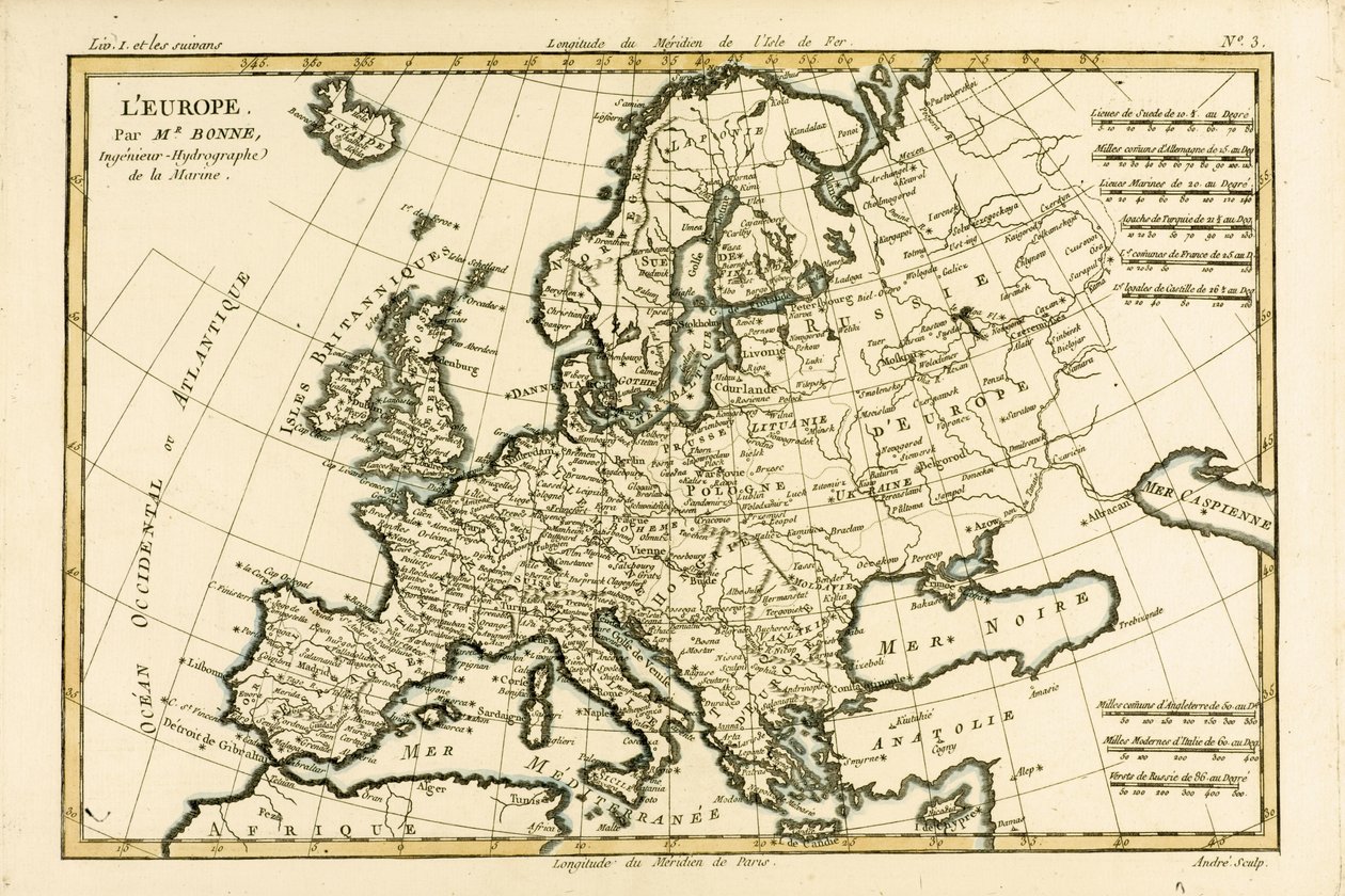 Evropa, z „Atlasu všech známých částí zemského světa“ od Guillauma Raynala (1713-96), vydaný v Ženevě, 1780 od Charles Marie Rigobert Bonne