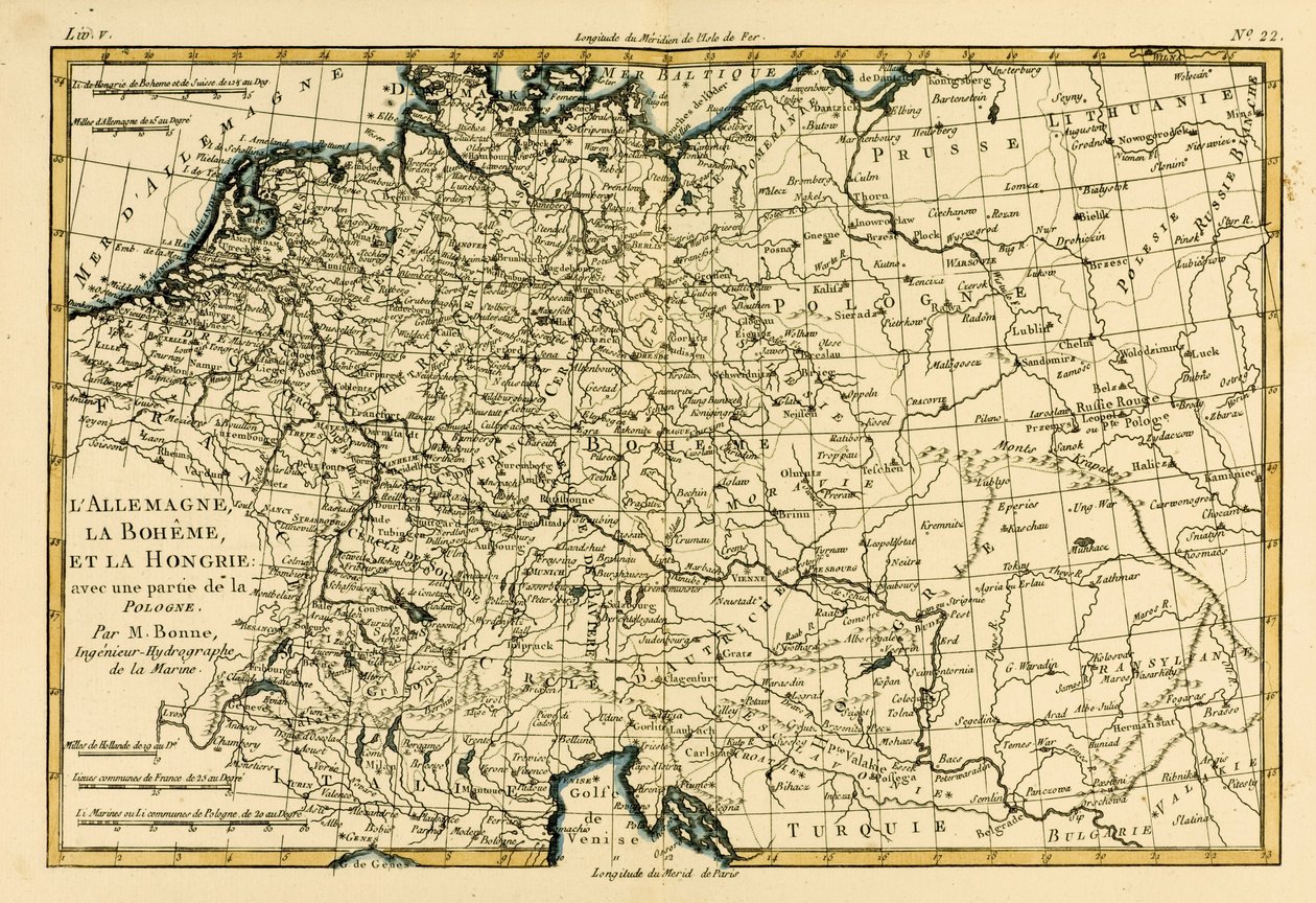 Německo, Čechy a Maďarsko, s částí Polska, z „Atlas de Toutes les parties Connues du Globe Terrestre“ od Guillaume Raynal (1713-96), publikováno v Ženevě, 1780 od Charles Marie Rigobert Bonne