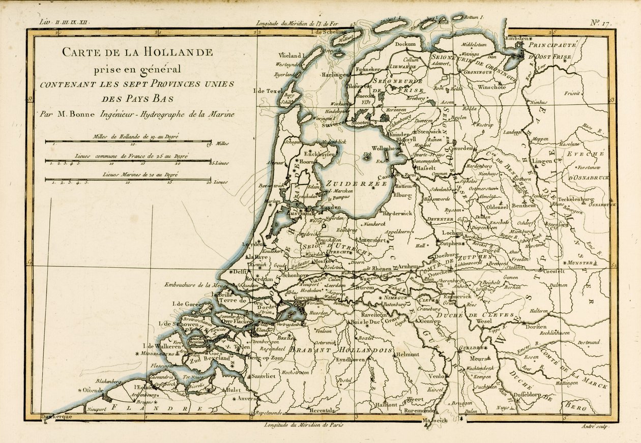Holandsko včetně sedmi spojených provincií Nízkých zemí, z knihy "Atlas de Toutes les Parties Connues du Globe Terrestre" od Guillauma Raynala (1713-96) vydané v roce 1780. od Charles Marie Rigobert Bonne