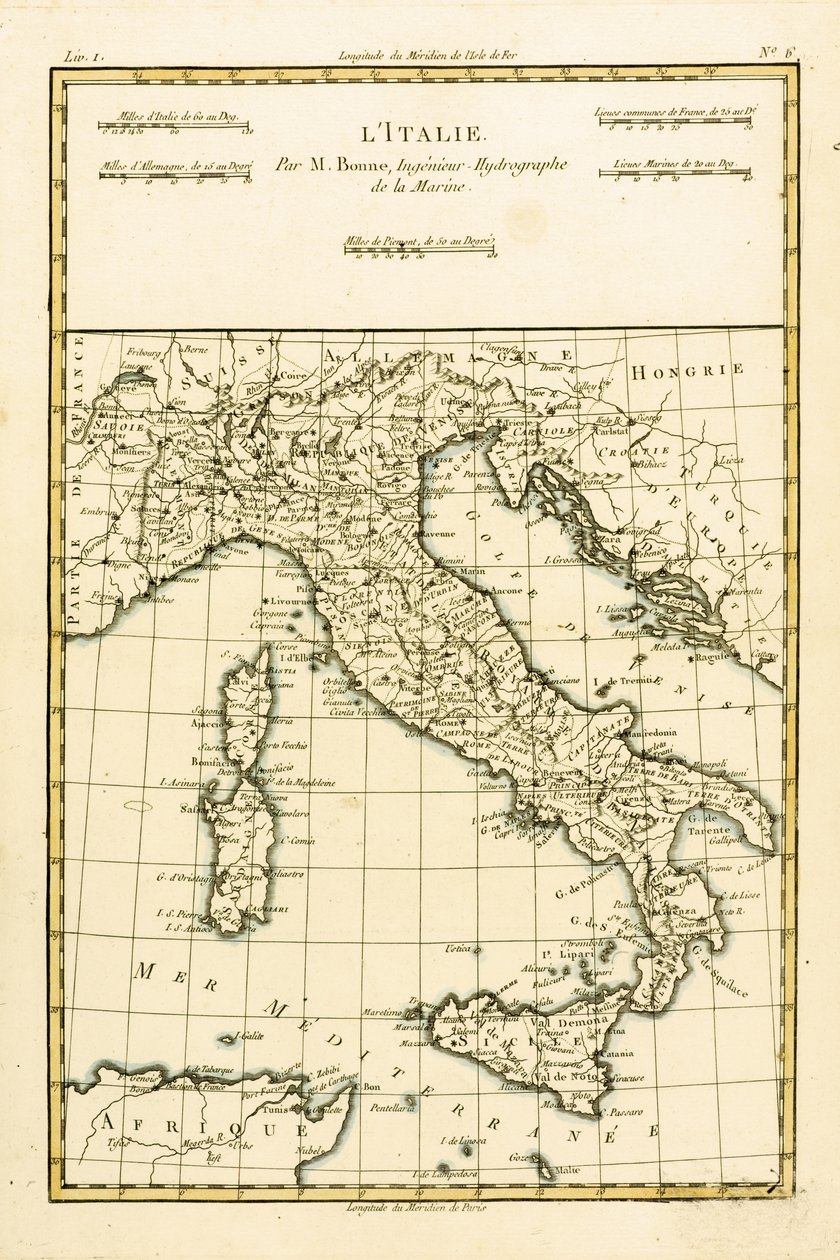 Itálie, z „Atlasu všech známých částí zemského světa“ od Guillauma Raynala (1713–96), vydaný v Ženevě, 1780 od Charles Marie Rigobert Bonne