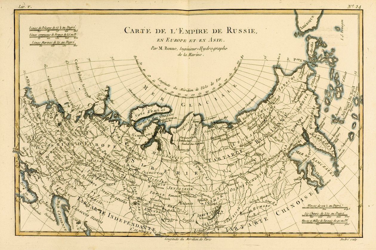Mapa Ruské říše v Evropě a Asii z „Atlasu všech známých částí Zeměkoule“ od Guillauma Raynala (1713-96), publikoval J L Pellet, Ženeva, 1780 od Charles Marie Rigobert Bonne