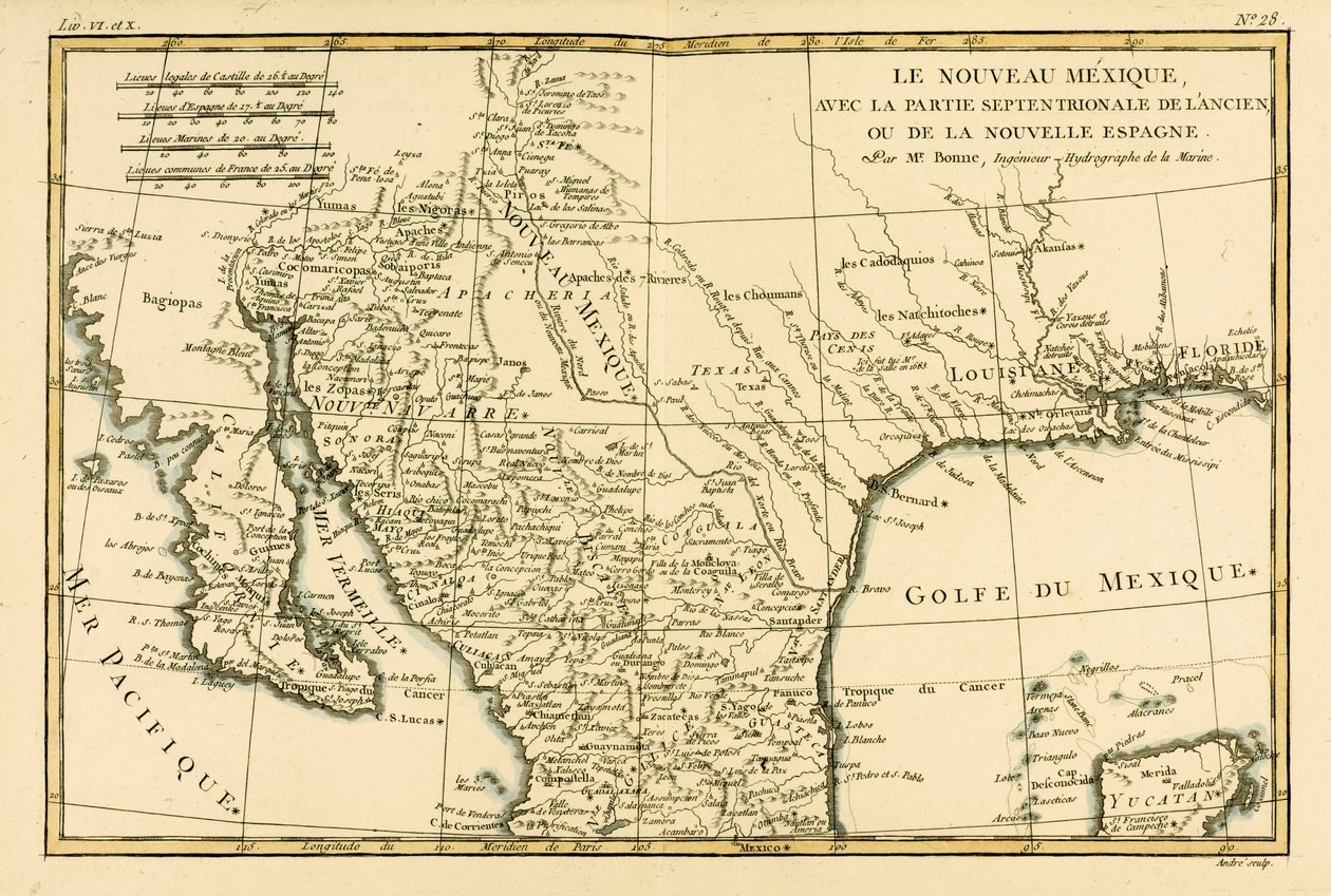 Severní Mexiko, z „Atlasu všech známých částí zemského světa“ od Guillauma Raynala (1713-96), vydaný v Ženevě, 1780 od Charles Marie Rigobert Bonne