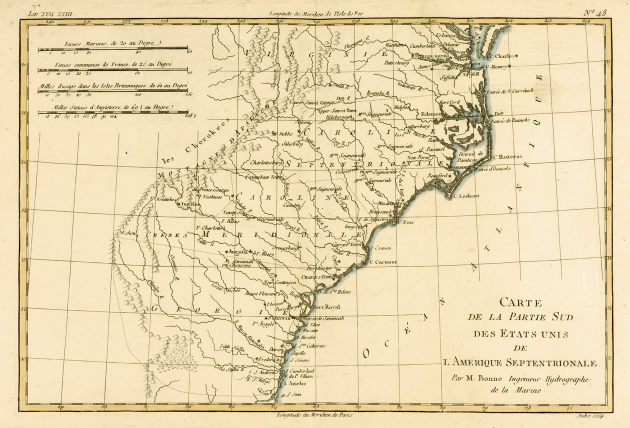 Jihovýchodní pobřeží Ameriky, z "Atlas de Toutes les Parties Connues du Globe Terrestre" Guillauma Raynala (1713-96), vydal J. L. Pellet, Ženeva, 1780 (kolorovaná rytina) od Charles Marie Rigobert Bonne
