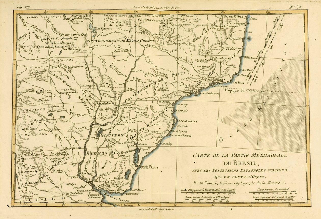 Jižní Brazílie, z ‚Atlasu všech známých částí zemského světa‘ od Guillaume Raynal (1713-96), publikoval J L Pellet, Ženeva, 1780 od Charles Marie Rigobert Bonne