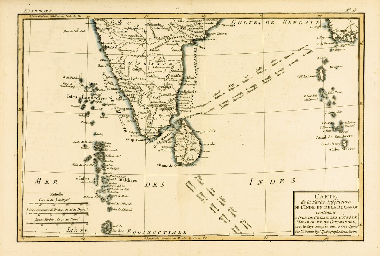 Jižní Indie a Cejlon, z ‚Atlasu všech známých částí zemského světa‘ od Guillaume Raynal (1713-96), publikoval J L Pellet, Ženeva, 1780 od Charles Marie Rigobert Bonne