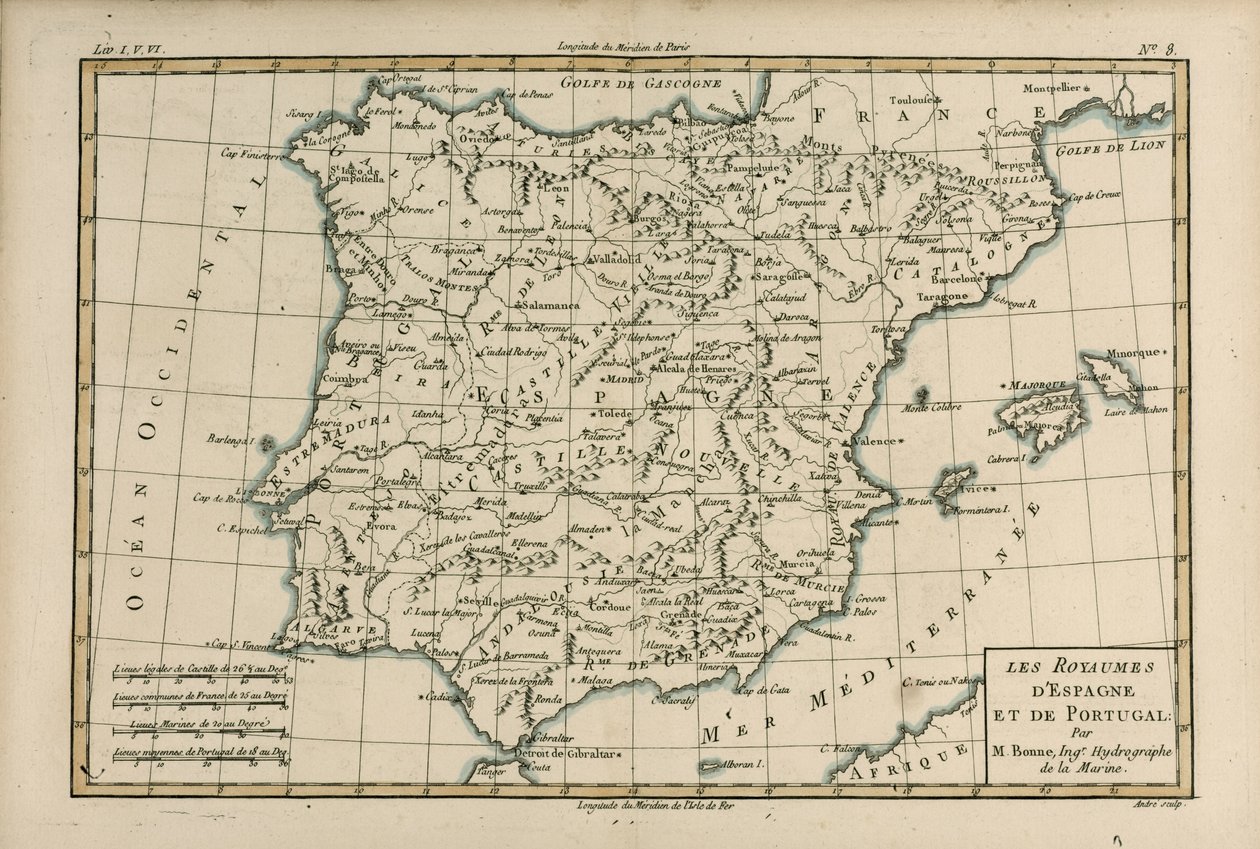 Španělsko a Portugalsko, z „Atlasu všech známých částí zemského světa“ od Guillauma Raynala (1713-96), vydaný v Ženevě, 1780 od Charles Marie Rigobert Bonne