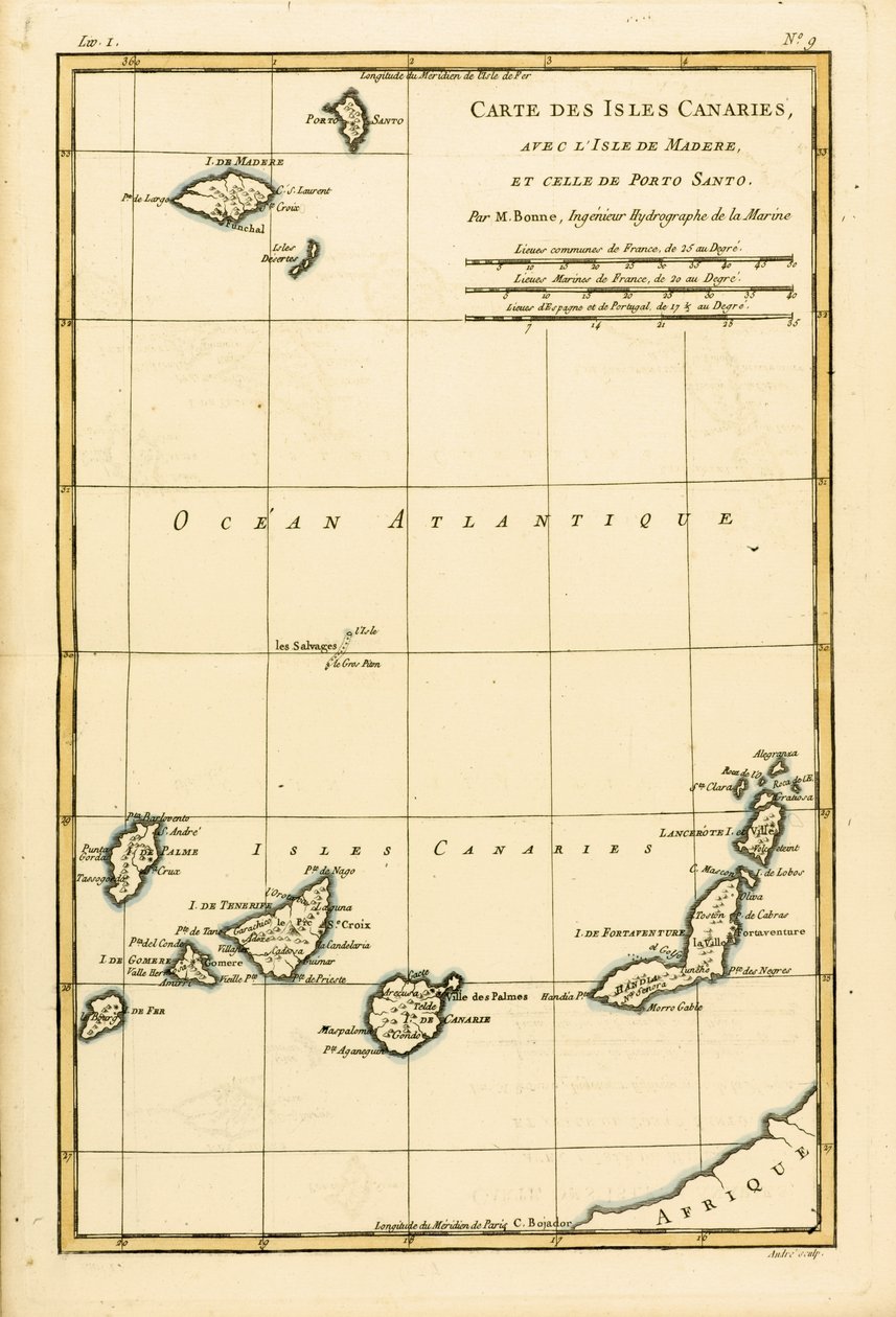 Kanárské ostrovy s Madeirou a Porto Santo, z „Atlasu všech známých částí zeměkoule“ od Guillauma Raynala (1713–96), vydaný v Ženevě, 1780 od Charles Marie Rigobert Bonne