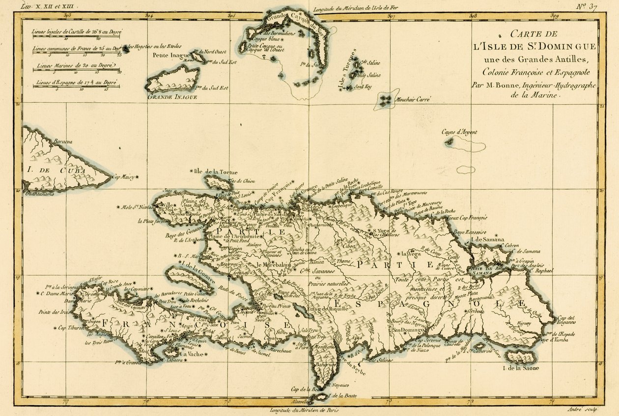 Francouzská a španělská kolonie ostrova svatého Dominika z Velkých Antil, z „Atlas de Toutes les parties Connues du Globe Terrestre“ od Guillaume Raynal (1713-96), publikoval J L Pellet, Ge od Charles Marie Rigobert Bonne