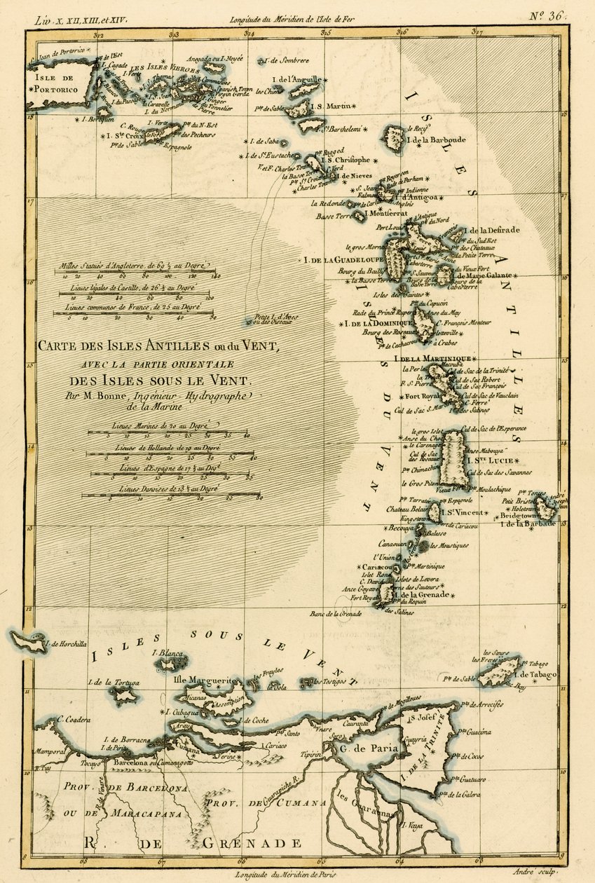 Malé Antily nebo Návětrné ostrovy s východní částí Závětrných ostrovů z „Atlas de Toutes les parties Connues du Globe Terrestre“ od Guillauma Raynala (1713-96), vydané J L Pe od Charles Marie Rigobert Bonne