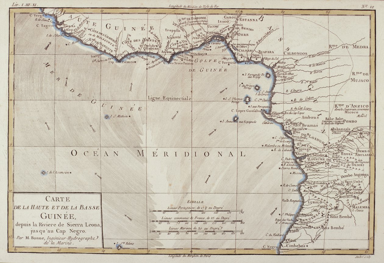 Západní Afrika, z „Atlasu všech známých částí zemského světa“ od Guillauma Raynala (1713-96), vydaný v Ženevě, 1780 od Charles Marie Rigobert Bonne