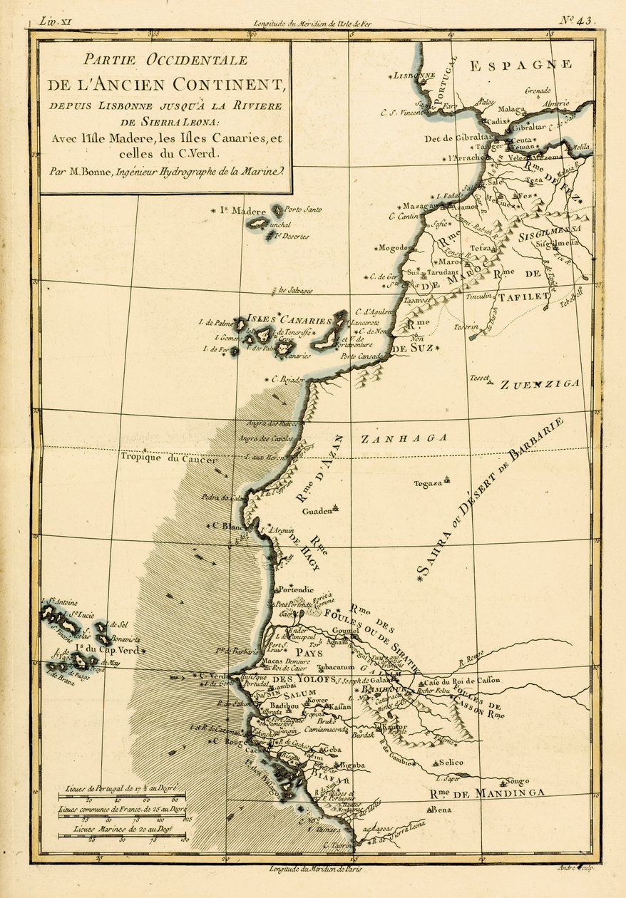 Západní pobřeží Afriky, od Lisabonu po Sierru Leone, z „Atlasu všech známých částí zemského světa“ od Guillauma Raynala (1713-96), publikováno v Ženevě, 1780 od Charles Marie Rigobert Bonne