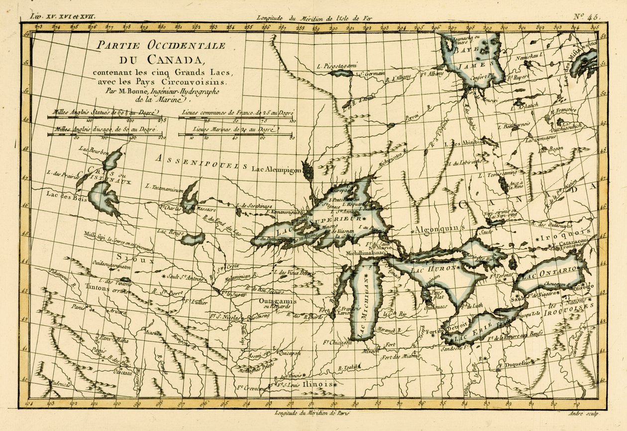 Západní Kanada, včetně Pěti Velkých jezer, z „Atlasu všech známých částí Zeměkoule“ od Guillauma Raynala (1713–96), publikoval J L Pellet, Ženeva, 1780 od Charles Marie Rigobert Bonne