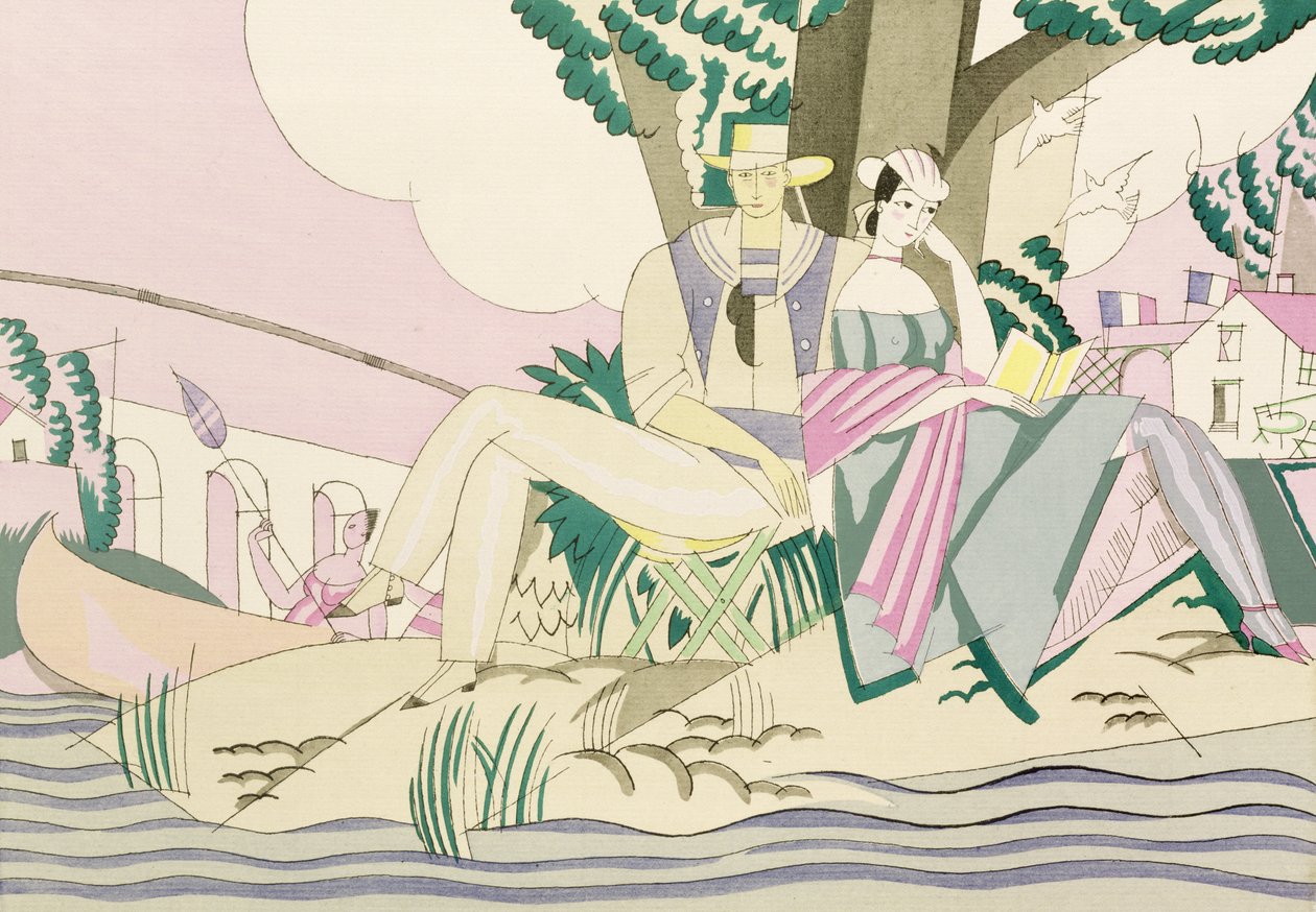 Piknik a rybářská scéna, cca 1920 (šablona na papíře) od Charles Martin
