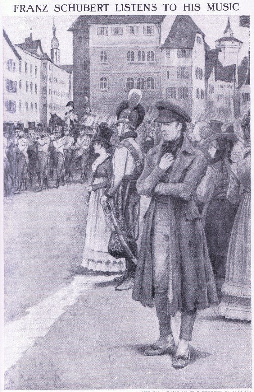 Franz Schubert poslouchá jeho hudbu v ulicích Vídně od Charles Mills Sheldon