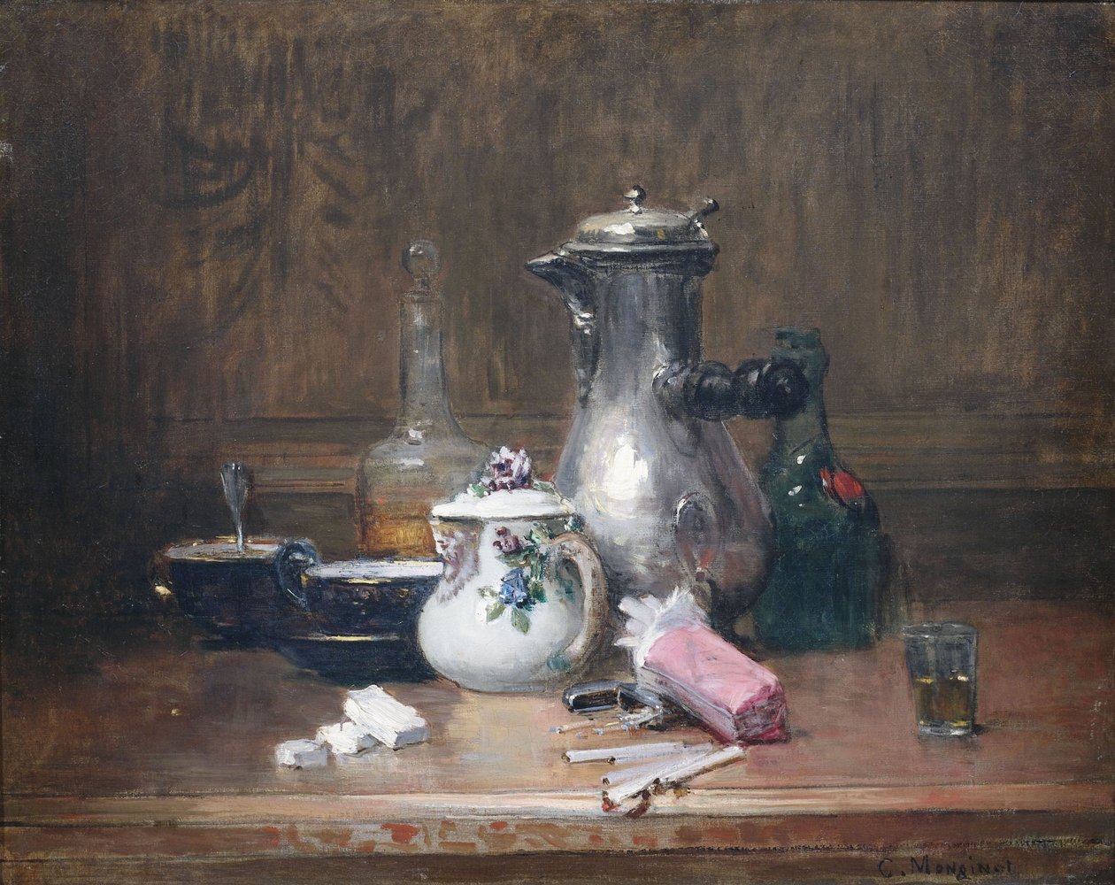 Morte du mor viv bon bon vivant. Zátiší s kávovým nádobím, koňakovými lahvemi a cigaretami od Charles Monginot