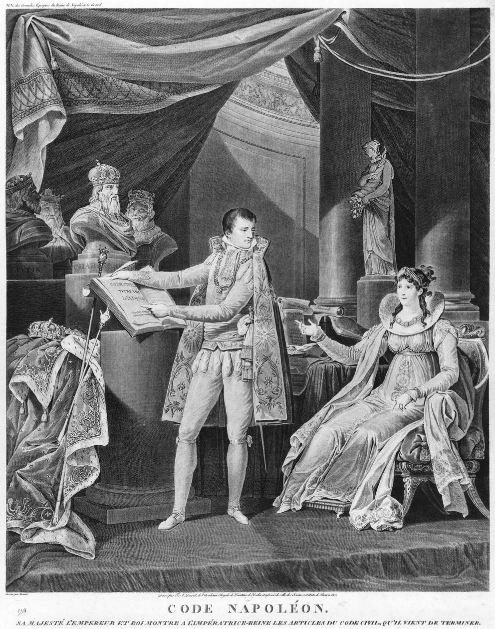 Jeho Veličenstvo císař a král Napoleon I. (1769-1861) ukazuje císařovně-královně Marii-Louise (1791-1847) články z Code Civil, které právě dokončil, 1804 od Charles Monnet