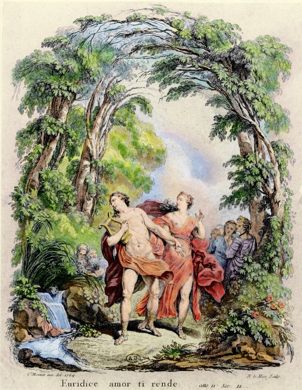 Orfeus vyvedl Eurydiku z pekla, ilustrace k opeře „Orfeus a Eurydika“ od Christopha von Glucka (1714-87), 1764 od Charles Monnet