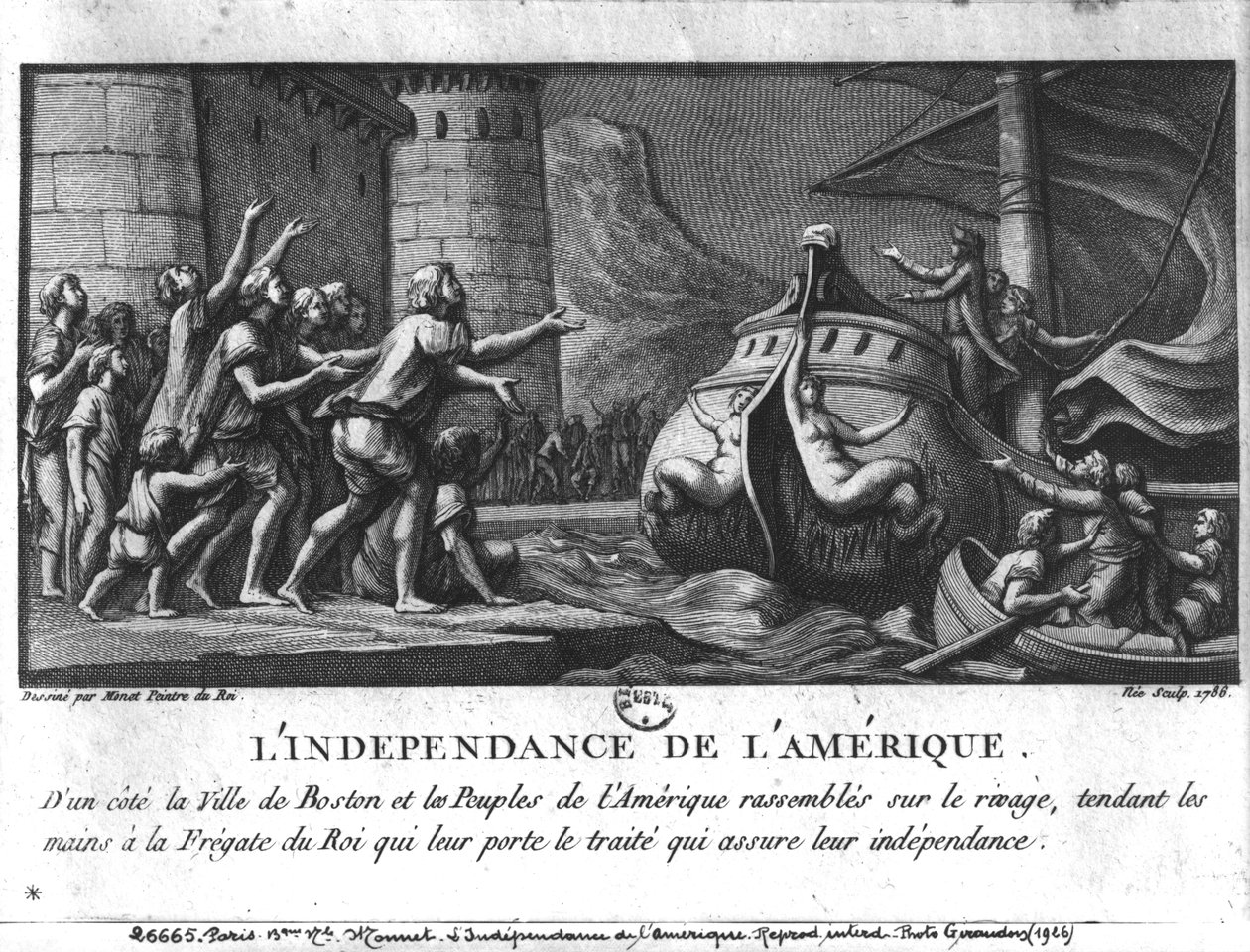 Americká Independence, francouzská fregata přivážející smlouvu do Bostonu, rytina Francois Denis Nee (1732-1817), 1786 od Charles Monnet