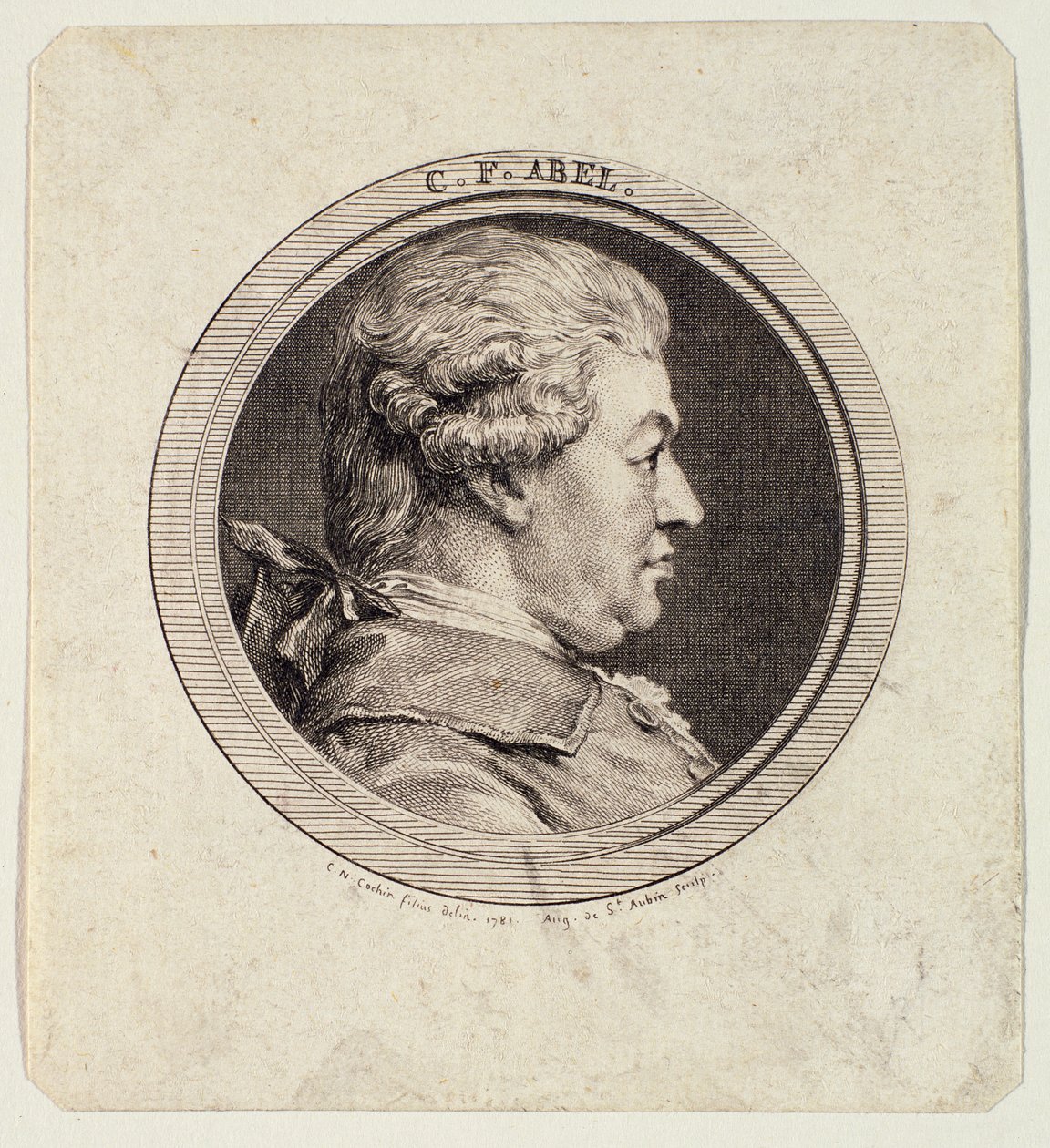 Carl Friedrich Abel (1723-87), vyryl Augustin de Saint-Aubin (1736-1807) 1781 od Charles Nicolas II Cochin