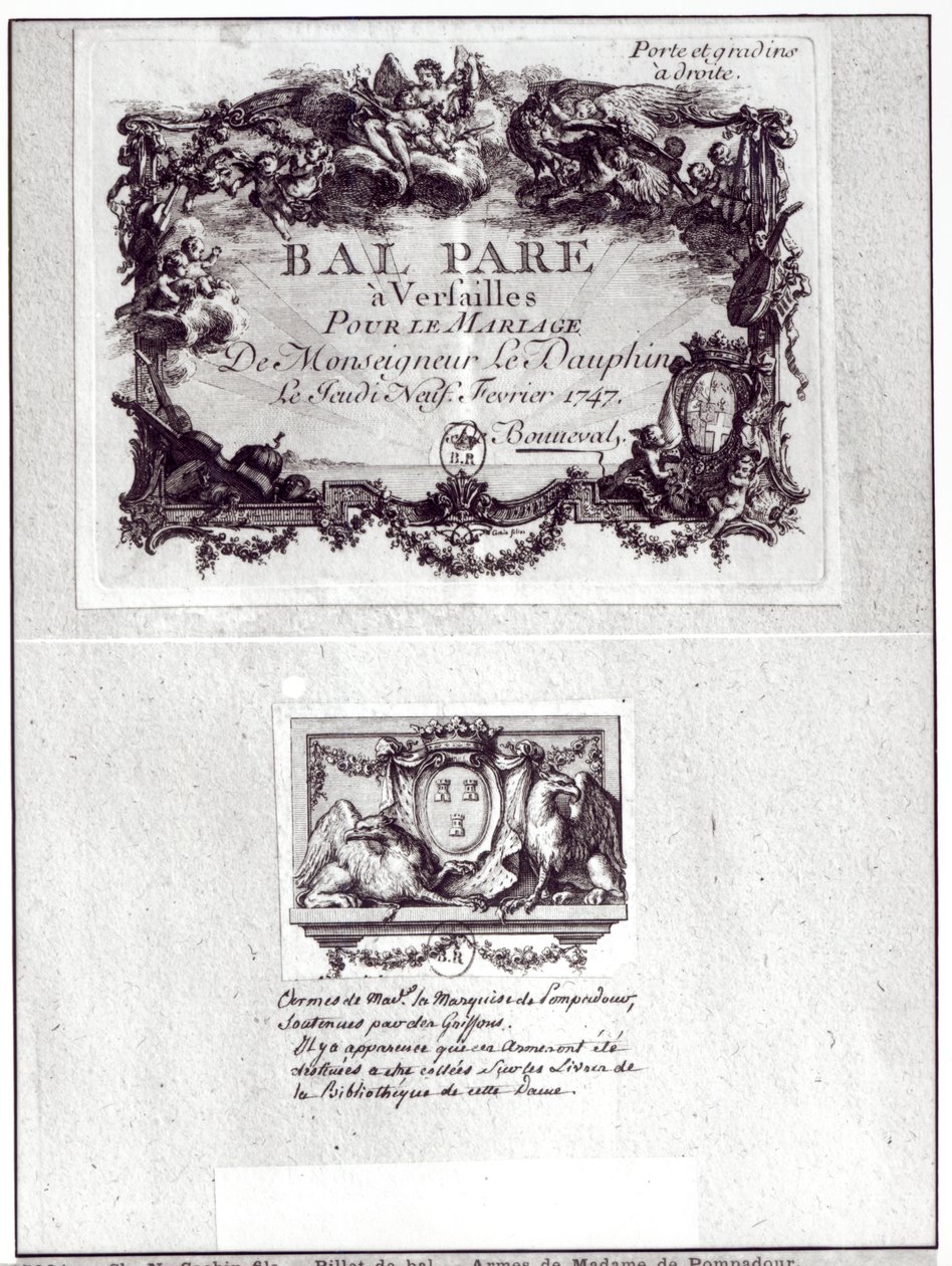 Vstupenka na ples ve Versailles na svatbu Monseigneura le Dauphina 9. února 1747 a Ex Libris s náručí Madame de Pompadour (1721-64) od Charles Nicolas II Cochin