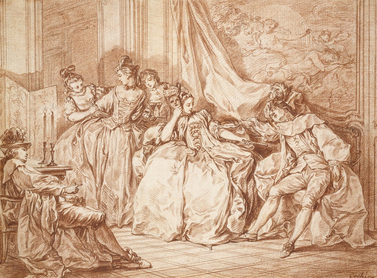 Party of Revellers (grafit s červenou křídou na smetanovém papíře, oříznuto černou tuší) od Charles Nicolas II Cochin