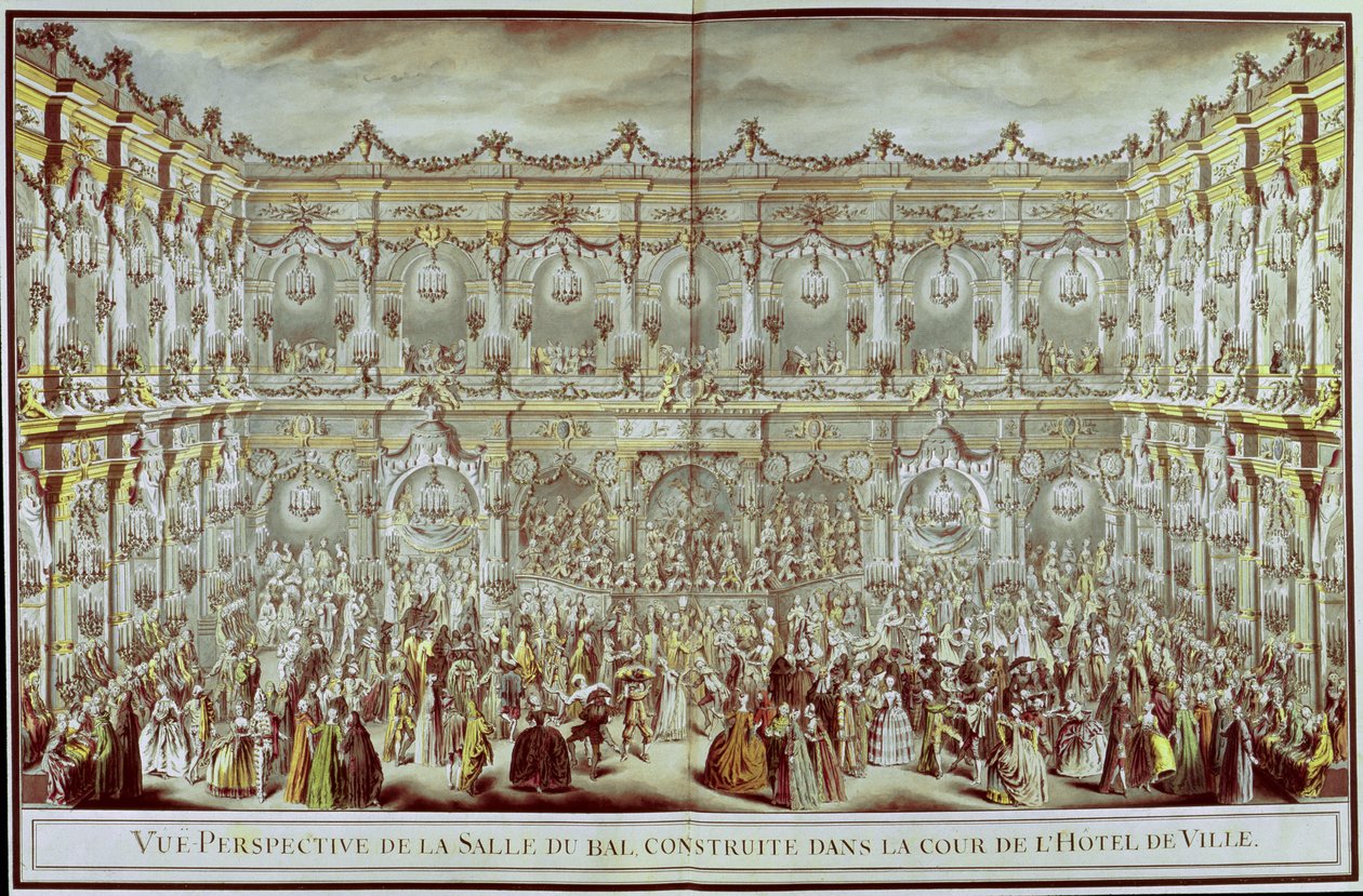 Perspektivní pohled na taneční sál postavený na nádvoří hotelu de Ville v Paříži u příležitosti prvního sňatku dauphina s Marií-Therese (1638-83) Infanta ze Španělska od Charles Nicolas II Cochin