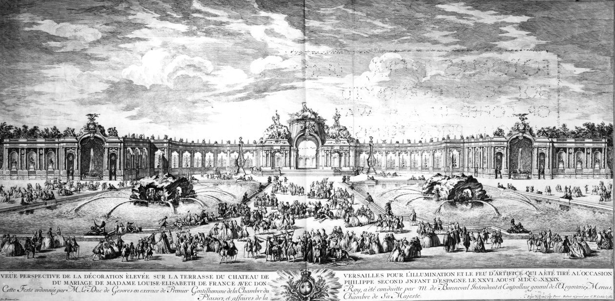 Perspektivní pohled na terasu ve Versailles u příležitosti sňatku Louise Alžběty Francouzské s Filipem Španělským v roce 1739, vyryl Charles Nicolas Cochin fils, 1741 od Charles Nicolas II Cochin