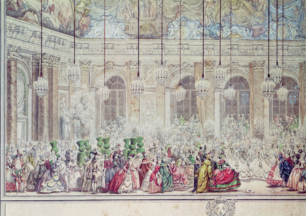 Maskovaný ples v Galerii des Glaces u příležitosti svatby dauphina s Marií-Therese, 17. února 1745 (pero a inkoust a wc na papíře) (detail) od Charles Nicolas II Cochin
