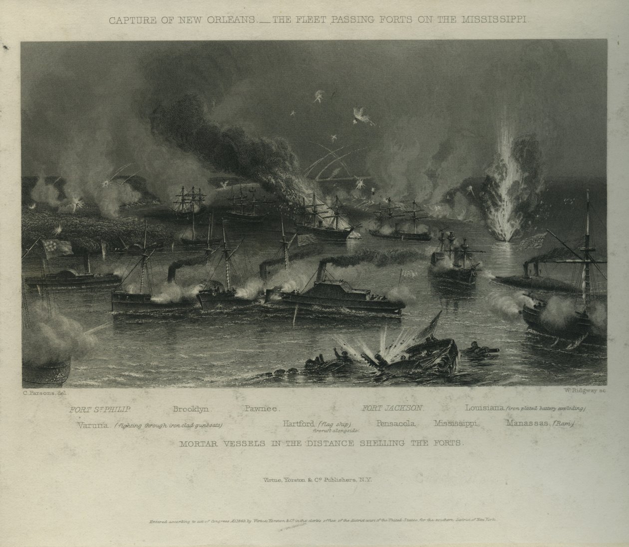 Dobytí New Orleans: Flotila proplouvající pevnostmi na Mississippi, kolem roku 1862 od Charles Parsons