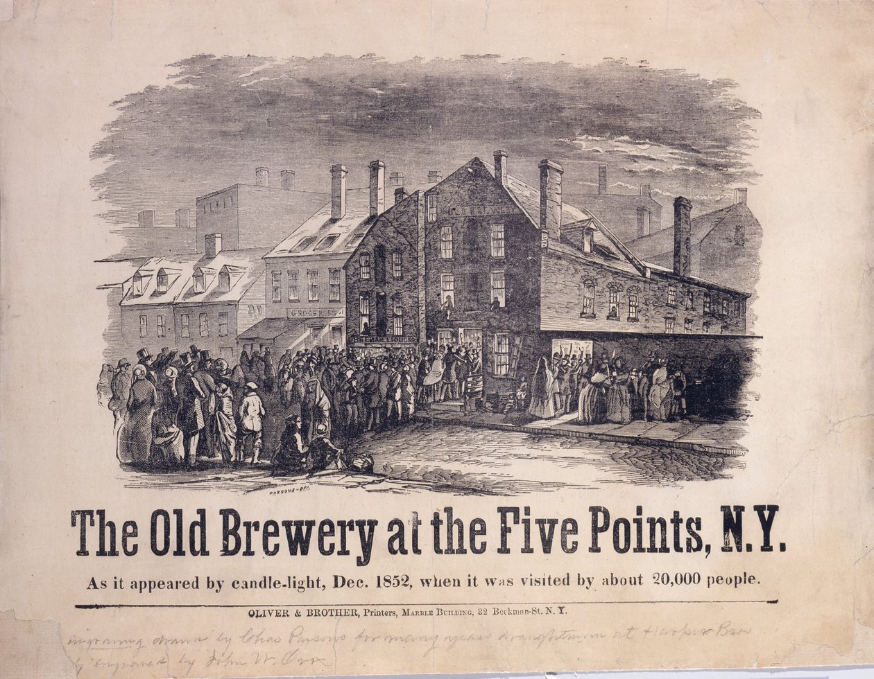 The Old Brewery at Five Points, New York, jak to vypadalo při svíčkách, prosinec 1852, když ho navštívilo asi 20 000 lidí, vyryl John W. Orr (1815-57), ca. 1853 (dřevoryt) od Charles Parsons