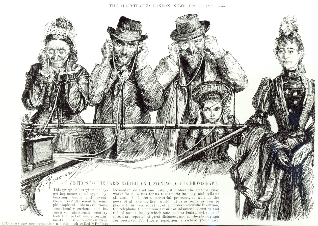 Návštěvníci pařížské výstavy při poslechu fonografu, z "The Illustrated London News", 26. října 1889 (foto čb) od Charles Paul Renouard