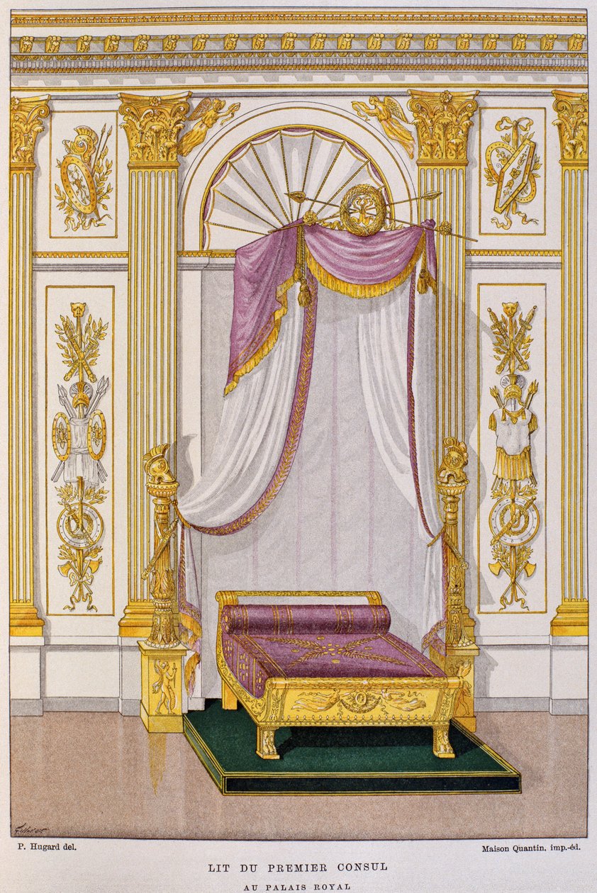 Postel Napoleona I. Bonaparte (1769-1821) První konzul v Palais Royal, ilustrace ze „Slovníku zařízení a dekorací“ od Henryho Havarda, svazek 3, deska 28, Paříž, Maison Q od Charles Percier