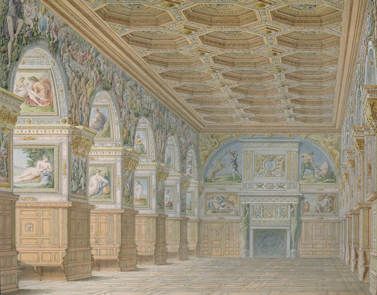 Paní 1014 Taneční sál ve Fontainebleau, deska z alba (wc a tužka na papíře) od Charles Percier