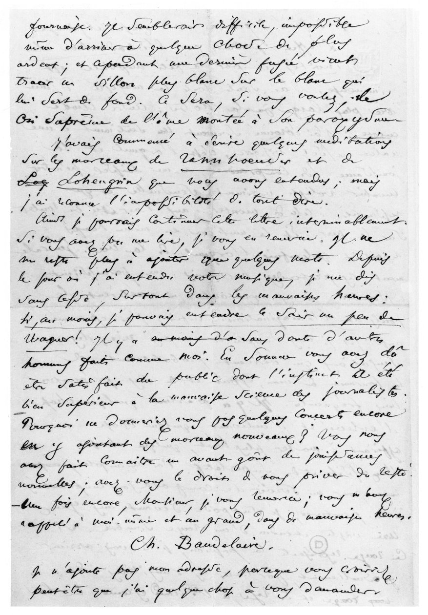 Dopis Richardu Wagnerovi (1813-83) 17. února 1860 (pero a tuš na papíře) od Charles Pierre Baudelaire